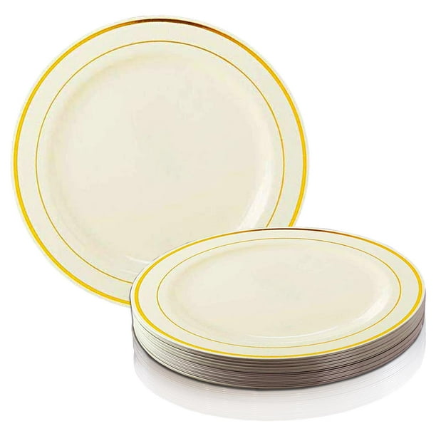 9/" Premium Heavy Duty Plastic Dinner Plates Ivory with gold trim 1 case